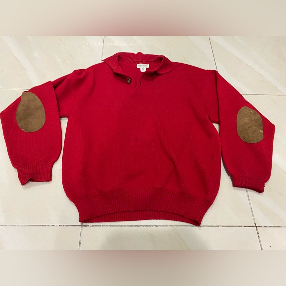 Tricot St Raphael Mens 1/4 Button Leather Elbow Patches Size M Red 100% Wool